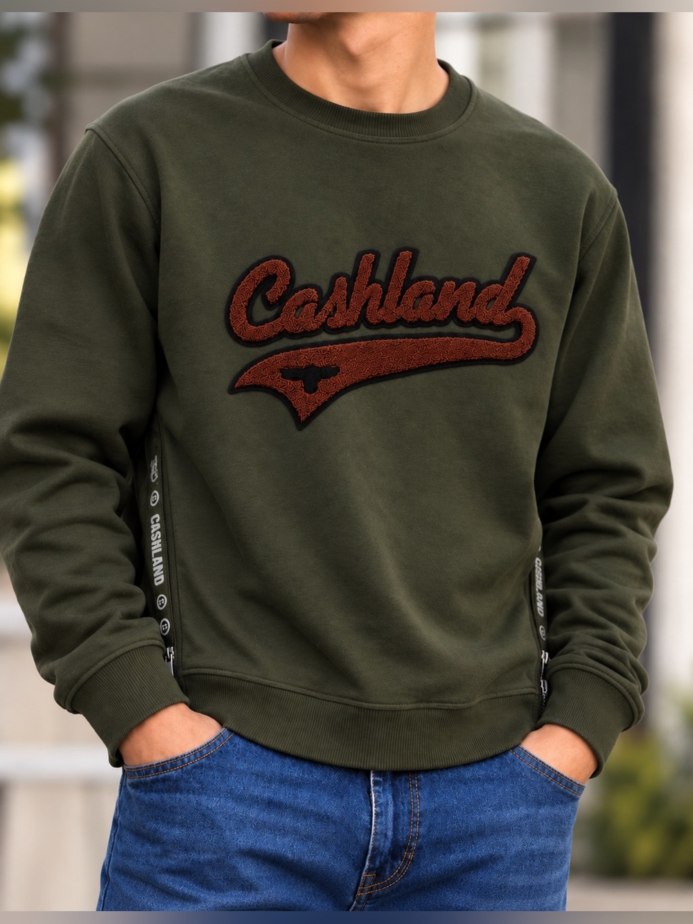 Cashland Men’s Olive Green Chenille Logo Crewneck Sweatshirt Side Zip Small
